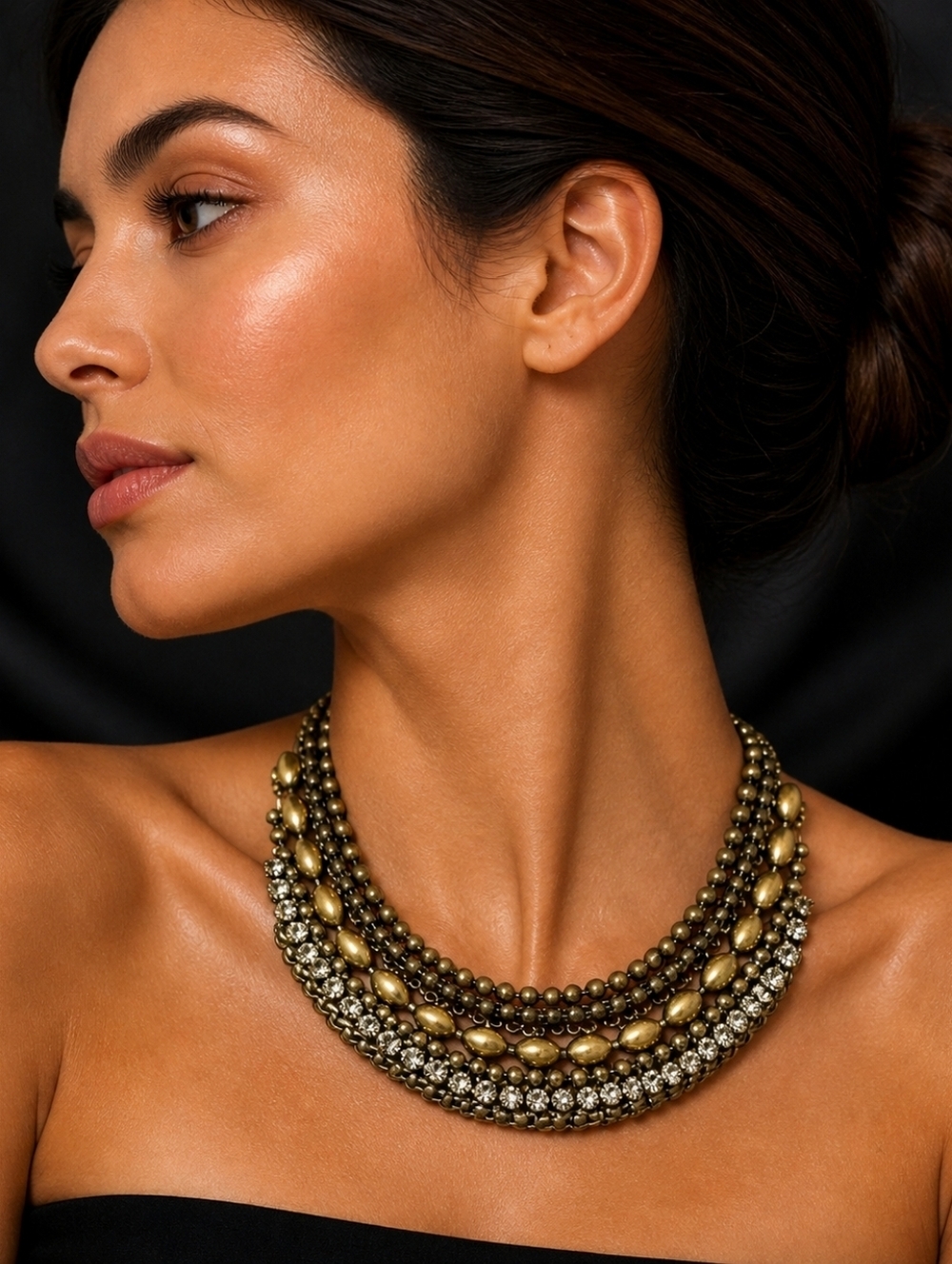 PREMIER DESIGNS Cleopatra Baddie Brass Rhinestone Chain Bib Necklace
